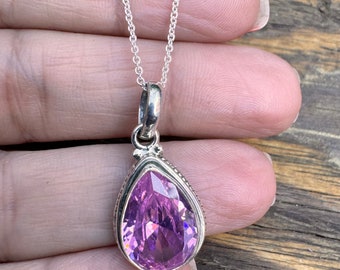 Sterling Silver Pink Topaz Teardrop Necklace: Faceted