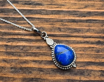Lapis Lazuli Teardrop Necklace | Sterling Silver Blue Gemstone Pendant | Celestial Boho Necklace | Gift for Her