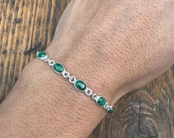 Dainty Malachite Sterling Silver Bracelet: Minimalist Gemstone Jewelry