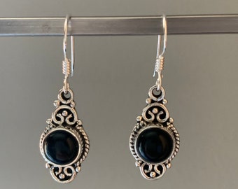 Black Onyx Dangle Earrings: Boho Protection Stone, Sterling Silver