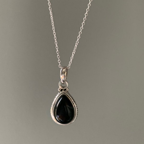 Black onyx  necklace, Delicate black onyx necklace, Boho,  Teardrop black necklace, Sterling silver necklace, Healing stone necklace