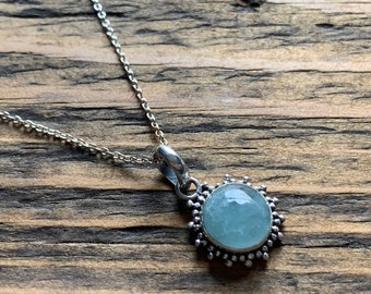 Aquamarine Sun Necklace: Sterling Silver Boho Pendant, March Birthstone
