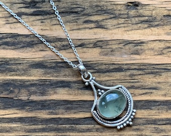 Sterling Silver Prehnite Necklace: Vintage Inspired Boho Design, Natural Green Gemstone