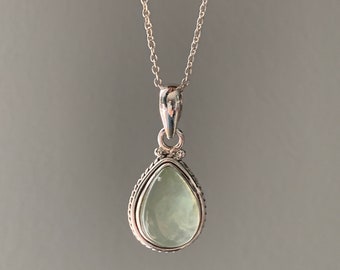 Teardrop Prehnite Necklace: Sterling Silver, Pale Green Healing Stone