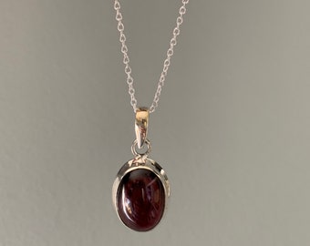Red Garnet Sterling Silver Necklace, Oval Boho Pendant