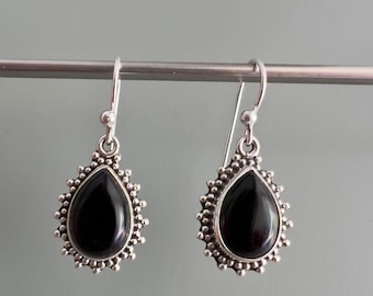 Sterling Silver Teardrop Black Onyx Earrings: Boho Protection Stone