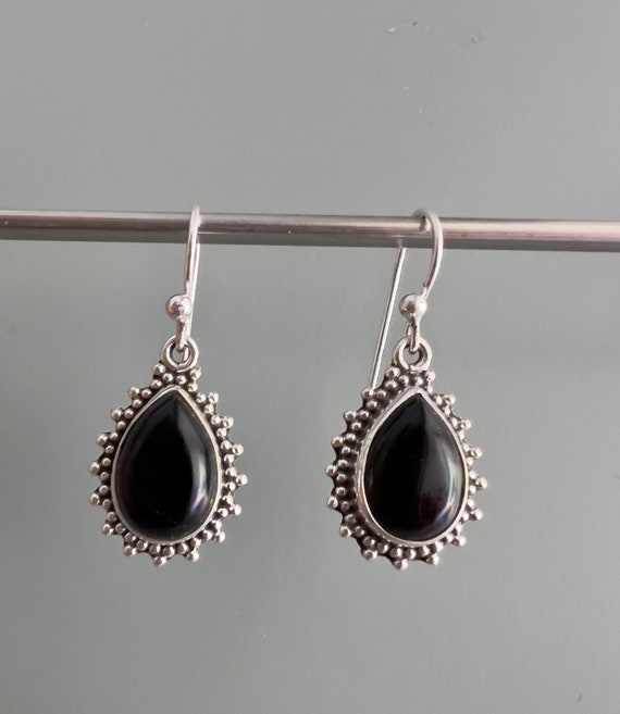 Black Onyx Drop Earrings Teardrop Shape Sterling Silver Black Onyx Drop Earrings Teardrop Shape Sterling Silver