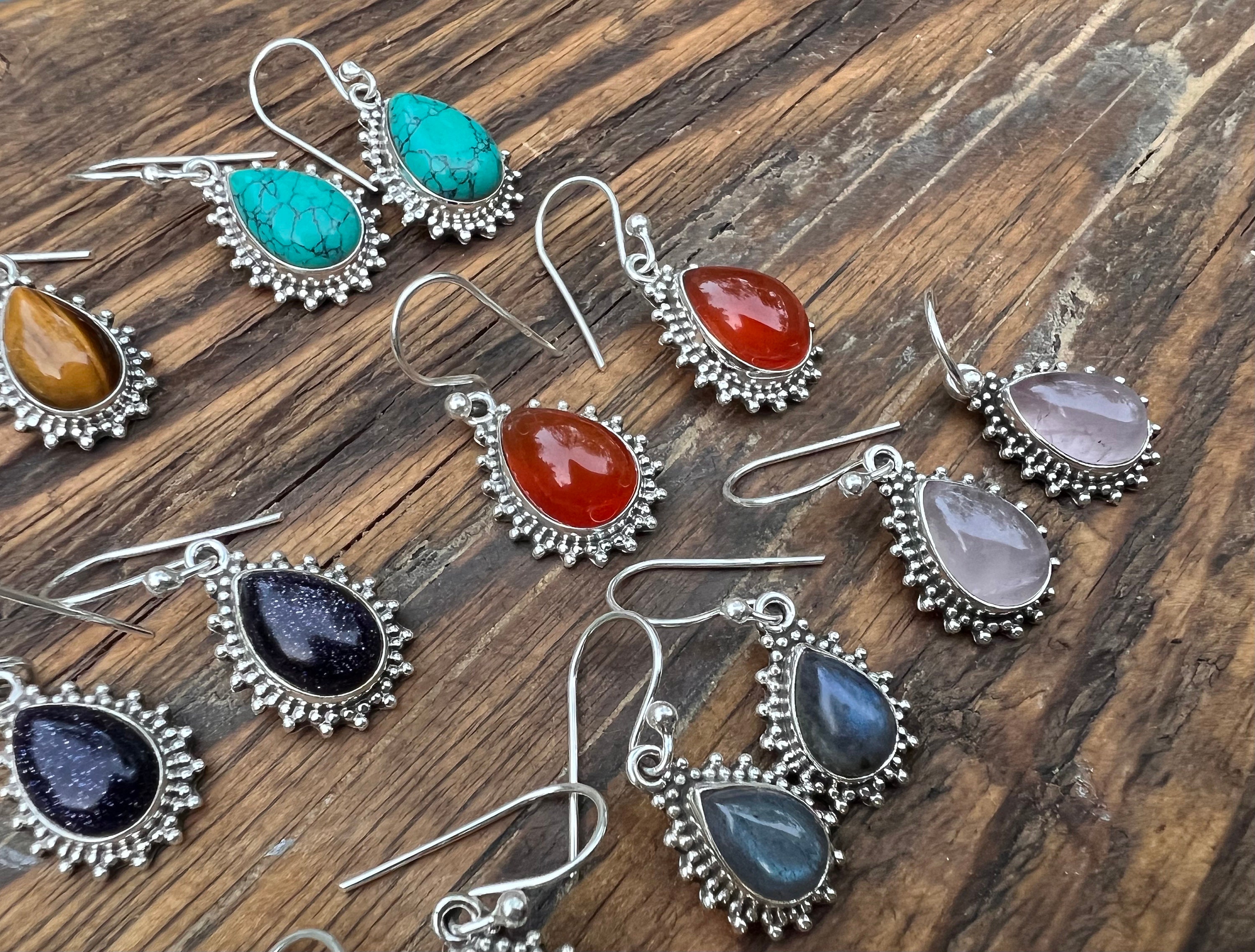 Sterling Silver Teardrop Black Onyx Earrings, Boho Black