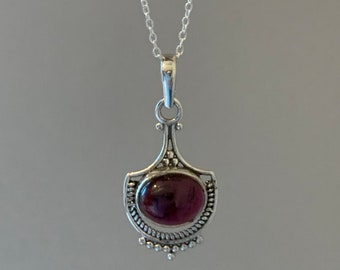 Sterling Silver Garnet Teardrop Necklace - Boho Vintage Inspired Style, January Gift