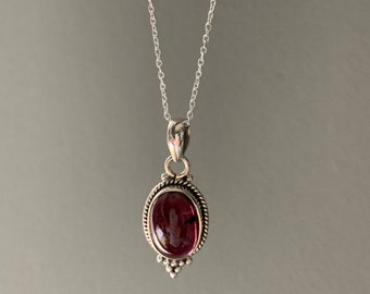 Garnet necklace, Silver Garnet Necklace, Boho Necklace, Red Oval Garnet , Sterling Silver necklace, Gift for her, Christmas Gift