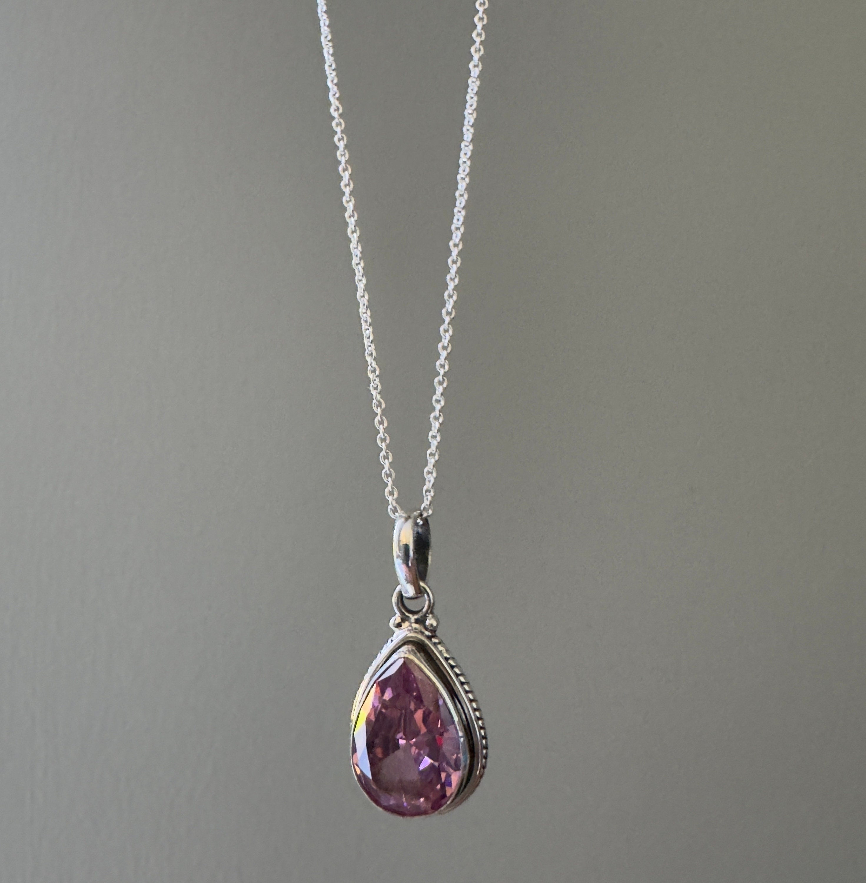 Sterling Silver Pink Topaz Teardrop Necklace: Faceted