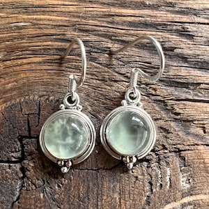 Sterling Silver Prehnite Earrings: Round Green Crystal Boho Jewelry