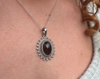 Sunburst Garnet Sterling Silver Necklace - Boho Style, January Gift Birthstone