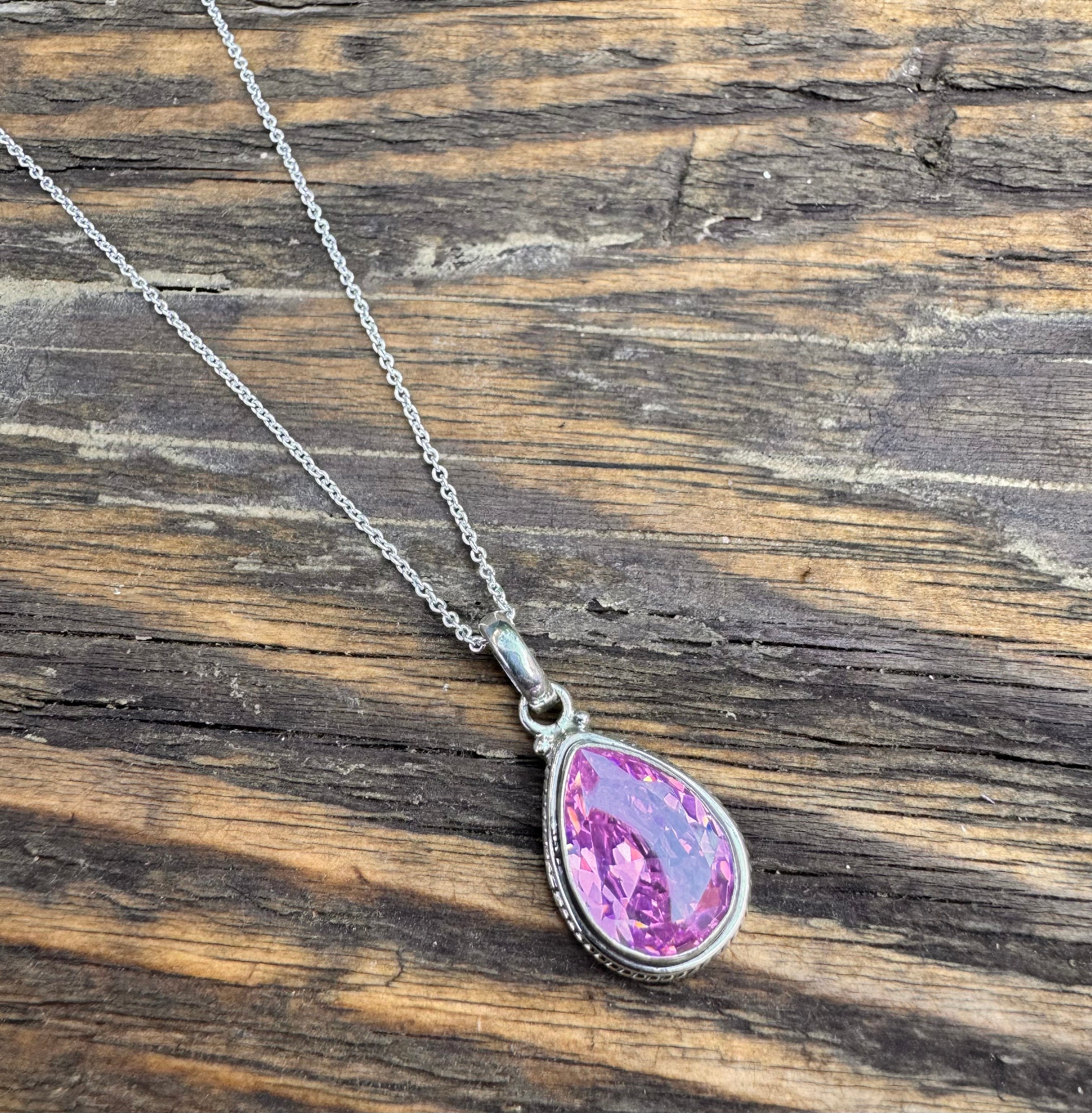 Sterling Silver Pink Topaz Teardrop Necklace: Faceted