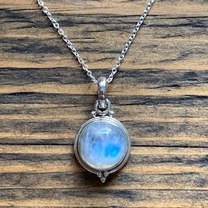 Sterling Silver Rainbow Moonstone Necklace: Circle Pendant, June Birthstone
