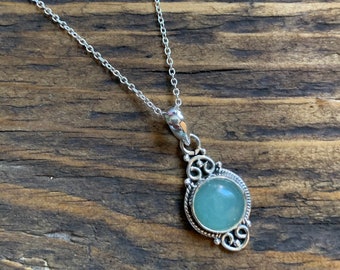 Aqua Chalcedony Sterling Silver Necklace: Delicate Boho Jewelry