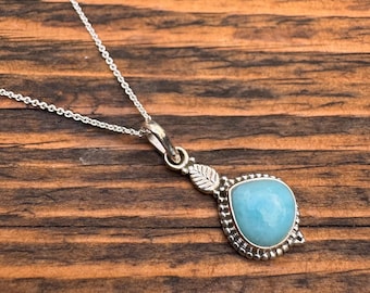 Larimar Teardrop Necklace | Sterling Silver Sea Blue Gemstone Pendant | Ocean Stone Necklace | Boho Gift