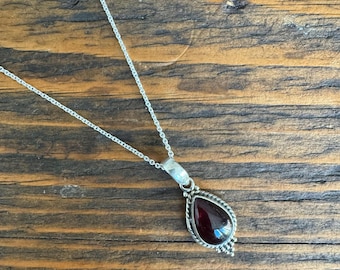 Sterling Silver Teardrop Garnet Necklace, Boho Jewelry