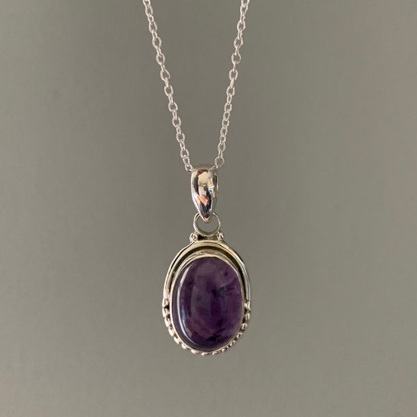 Amethyst necklace, boho necklace, oval amethyst necklace, sterling silver purple necklace, delicate necklace