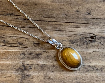 Oval Tiger Eye Sterling Silver Necklace: Healing Stone Pendant