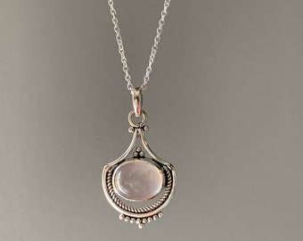 Sterling Silver Rose Quartz Necklace: Vintage Inspired Pink Boho Pendant