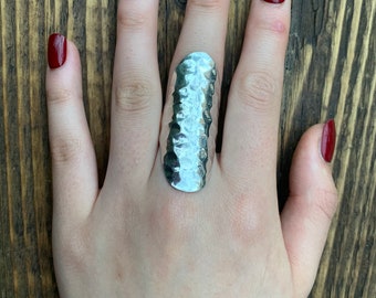 Full Finger Adjustable Hammered Sterling Silver Statement Ring: US Size 8-10