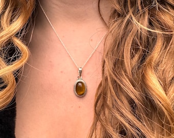 Oval Tigerauge Sterling Silber Halskette: Heilstein Anhänger