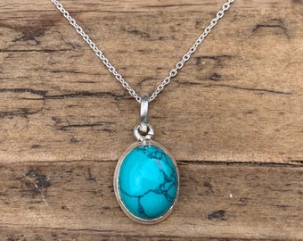 Sterling Silver Turquoise Necklace: Delicate Oval Boho Pendant