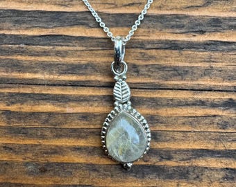 Rutilated Quartz Teardrop Necklace | Sterling Silver Gold Rutile Gemstone Pendant | Boho Leaf Pendant | Gift for Her