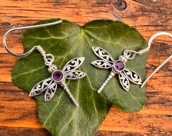 Sterling Silver Dragonfly Earrings: Filigree Gemstone Insect Jewelry
