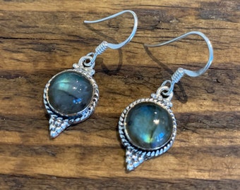Round Labradorite Silver Dangle Earrings