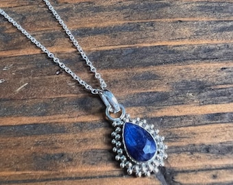 Faceted Sapphire Teardrop Necklace: Sterling Silver September Birthstone