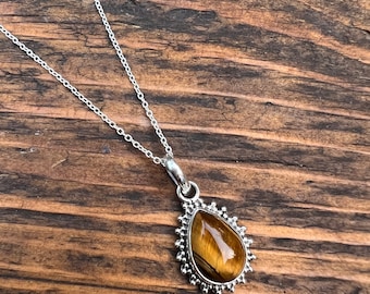 Teardrop Tiger Eye Sterling Silver Necklace: Sunburst Pendant, August Birthstone