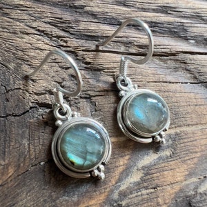 Labradorite Sterling Silver Dangle Earrings: Minimalist Circle Earrings
