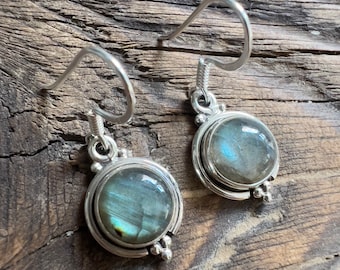 Labradorite Sterling Silver Dangle Earrings: Minimalist Circle Earrings