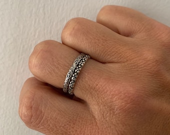 Sterling Silver Stacking Band Ring, Floral Pattern