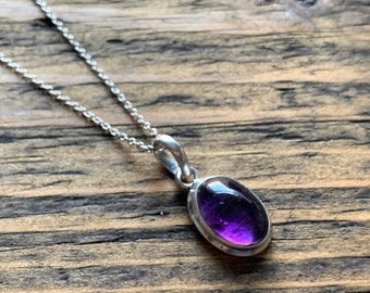 Oval Amethyst Sterling Silver Necklace: Delicate Boho Pendant, February Birthstone