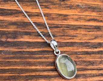 Prehnite Necklace: Sterling Silver Oval Boho Healing Stone, Pale Green Gemstone, Crystal Jewelry