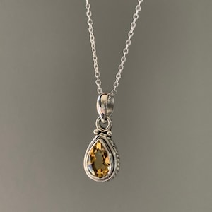 Faceted citrine sterling silver necklace, Citrine necklace, November Birthstone, Dainty Citrine pendant and chain, Teardrop citrine necklace