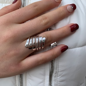 Silver adjustable wrap thumb ring, Wave ring, Statement silver ring,  Adjustable silver ring, 6 band ring, Chunky ring, Gift for her