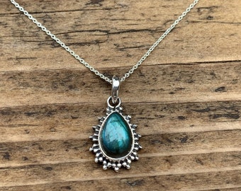 Sterling Silver Teardrop Labradorite Necklace, Boho Jewelry