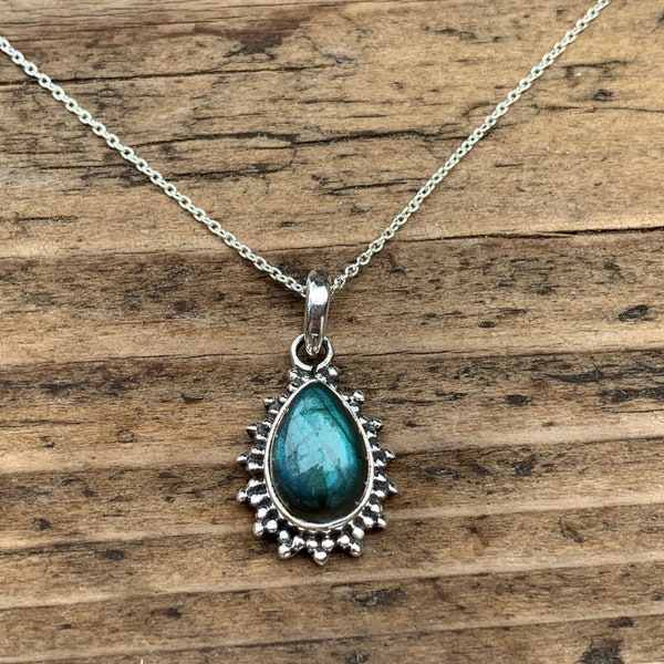 Sterling Silver Teardrop Labradorite Necklace, Boho Jewelry