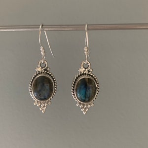 Oval Labradorite Sterling Silver Dangle Earrings, Gemstone Jewelry