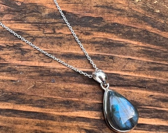 Teardrop Labradorite Sterling Silver Necklace, Boho Jewelry