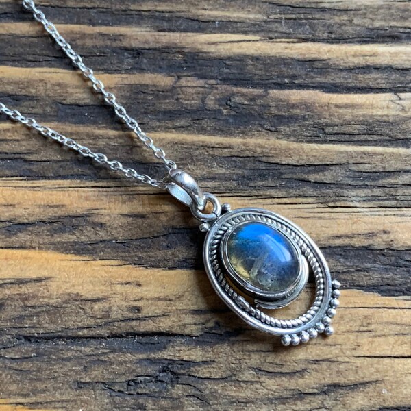 Labradorite/black moonstone necklace, Minimalist Labradorite necklace Delicate necklace, Round necklace Sterling silver labradorite necklace