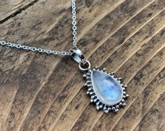 Sterling Silver Rainbow Moonstone Teardrop Necklace: Boho Delicate Jewelry