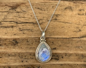 Teardrop Rainbow Moonstone Necklace: Sterling Silver Gemstone Jewerly