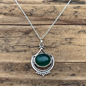 Green Onyx Sterling Silver Necklace: Vintage Inspired Teardrop Boho Pendant