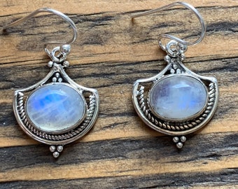 Rainbow Moonstone Drop Earrings: Oval Gemstone, Sterling Silver, June Birthstone