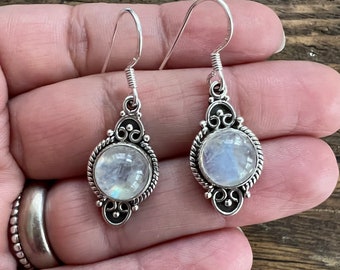 Rainbow Moonstone Drop Earrings: Sterling Silver Flower Earrings